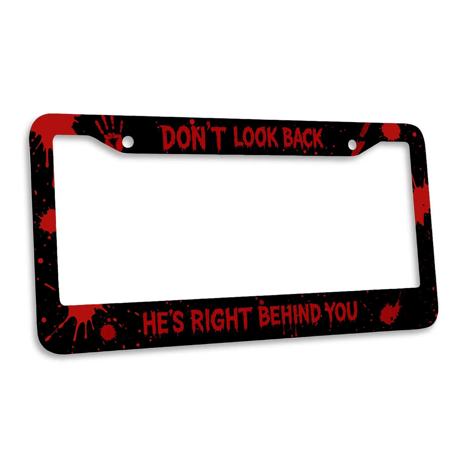 Scary Halloween Bloody License Plate Frame, Don't Look Back Horror Car Tag Holder, Black Aluminum Blood Splatter Handprint Novelty Thriller Auto Plate Covers for Front Rear Plates
