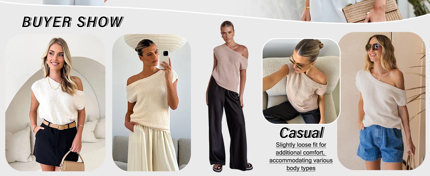 Saodimallsu Women's Off Shoulder Short Sleeve Knit Sweater Top Trendy One Shoulder Knitted Tank Top for Spring & Summer Outfits Soft Lightweight Saodimallsu Women's Off Shoulder Short Sleeve Knit Sweater Top Trendy One Shoulder Knitted Tank Top for Spring & Summer Outfits Soft Lightweight