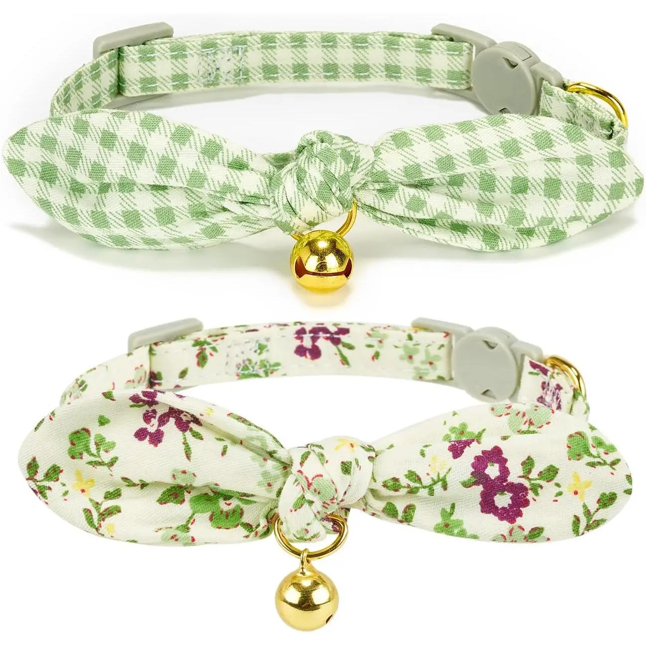 Bowtie Cat Collar with Bell, 2 Pack Cotton Breakaway Kitten Collars with Removeable Bow Stylish Cat Collars, Floral Green & Plaid