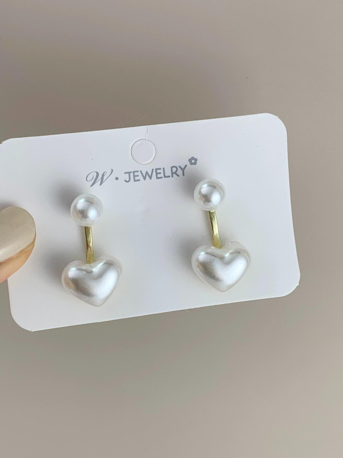 Faux Pearl Heart Design Dangle Earrings, Dangling Earrings, High Quality Earrings, Heart Shaped Earrings, Elegant Jewelry for Women, Trendy Jewelry Gift for Party and Daily Life, Minimalist Aesthetic Jewelry Gift, Dainty Fashion Jewelry