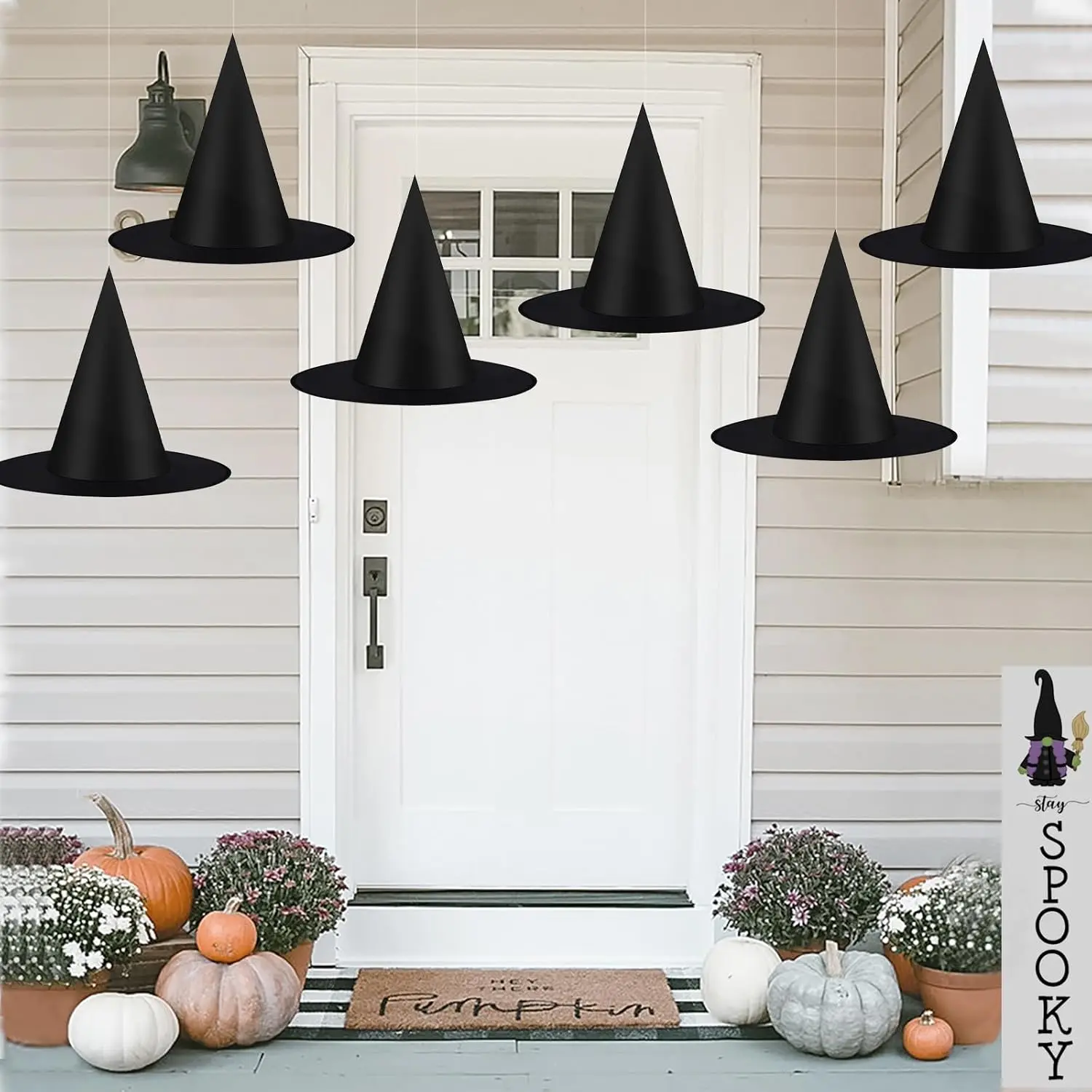 6 count  Hat Halloween Decorations  Floating Witches Hats | Black Wizard Hat Bulk with Rope Costume Accessory for Women Front Porch  Yard Indoor Outdoor Decor Party Supplies