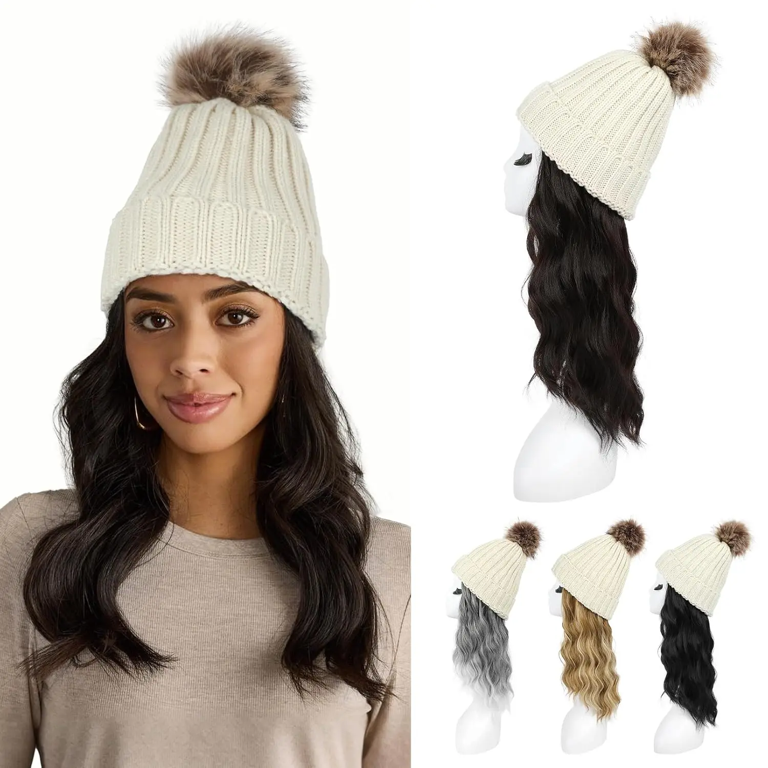 Knitted Beanie Wig, Hat Hair Extension Wavy Curly White Hat Wig with Faux  Pom 12 Inch Synthetic Hairpiece for Women Girls Winter - Black Brown
