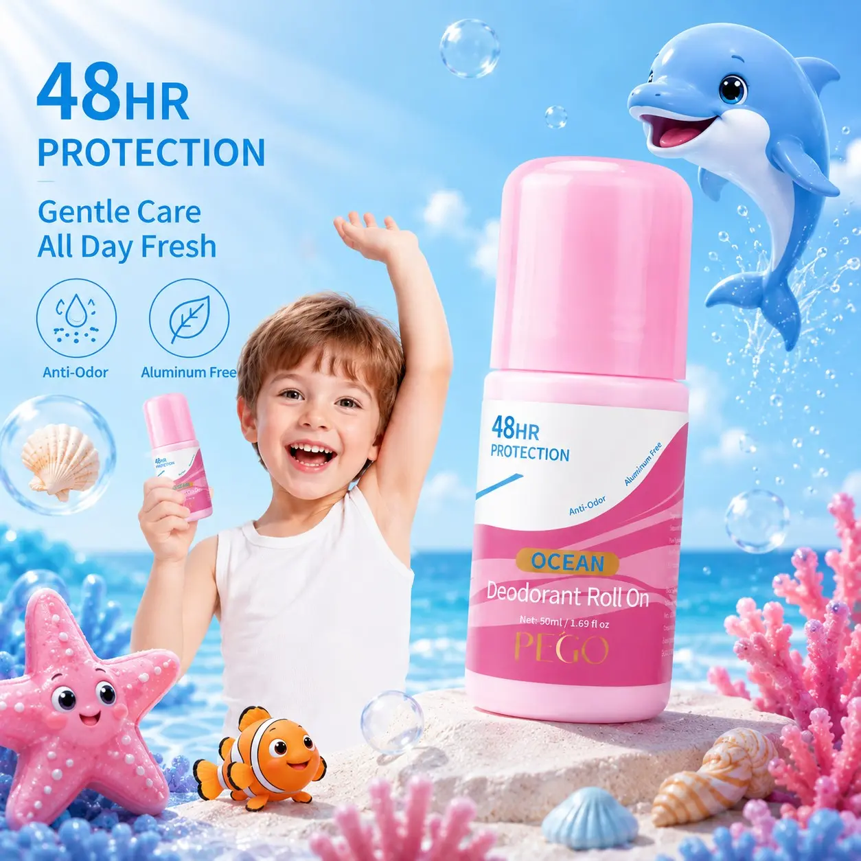 Kid Roll-On Deodorant, Refreshing Ocean Scent, Teenage Aluminum-Free Alcohol-Free,  Anti-Perspirant, Small Roller, Eliminate Bad Odor, Refreshing Ocean Scent, Perfect for Kids