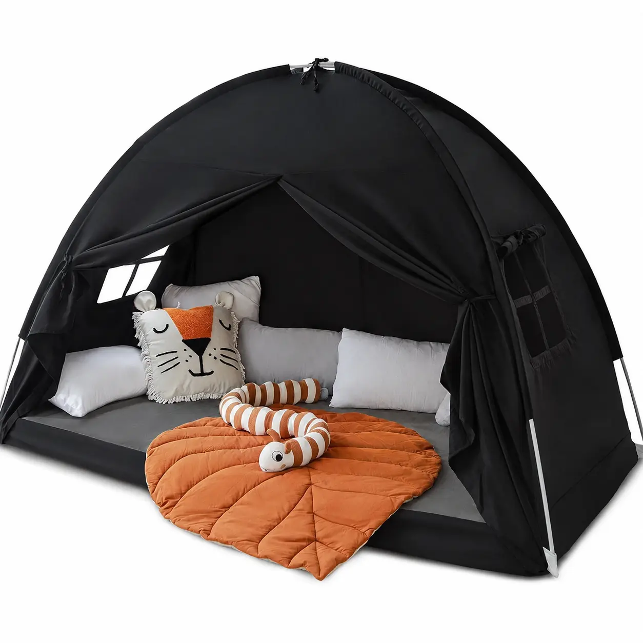 Bunk Bed Tent, Indoor Bed Tent, Bunk Bed Tent, Indoor Fantasy Tent, Twin Size, Privacy Space, Blackout Sleeping Tent, Portable Windproof Floor Playhouse, Great for Birthdays, House Gifts, Black