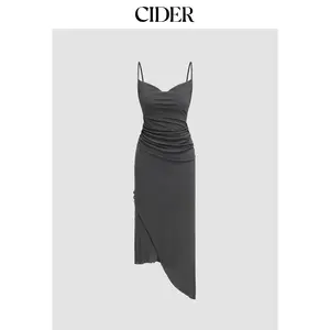 Cider [size 0-10] Mesh Asymmetrical Hem Ruched Midi Dress Dealsforyou