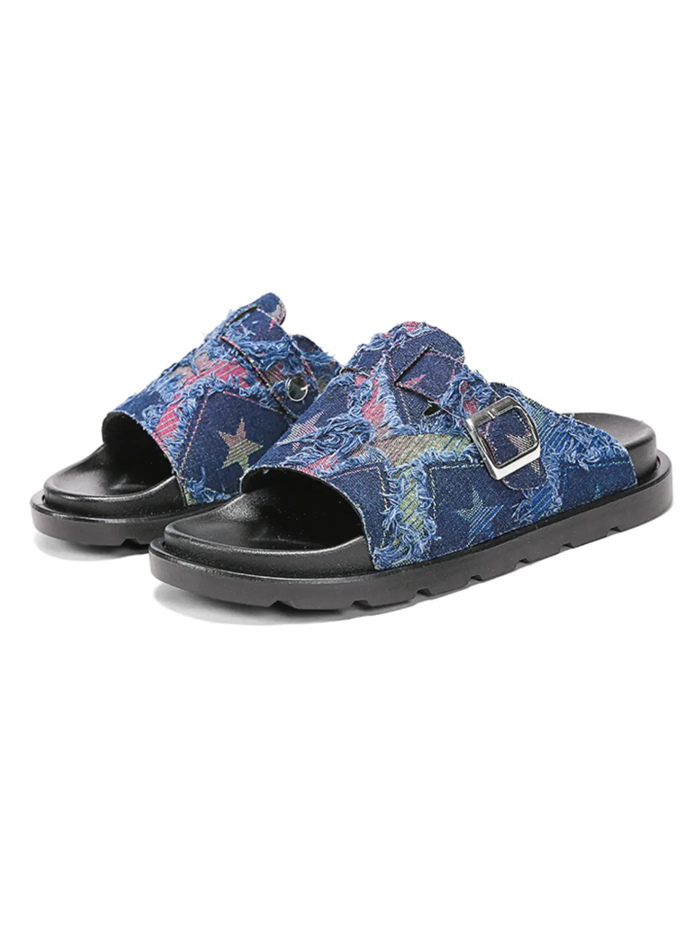 Vintage Denim Slippers with Star Pattern, Adjustable Silver Color Buckle, Thick Anti-Slip Sole, Wide Fit, All-Season Comfort