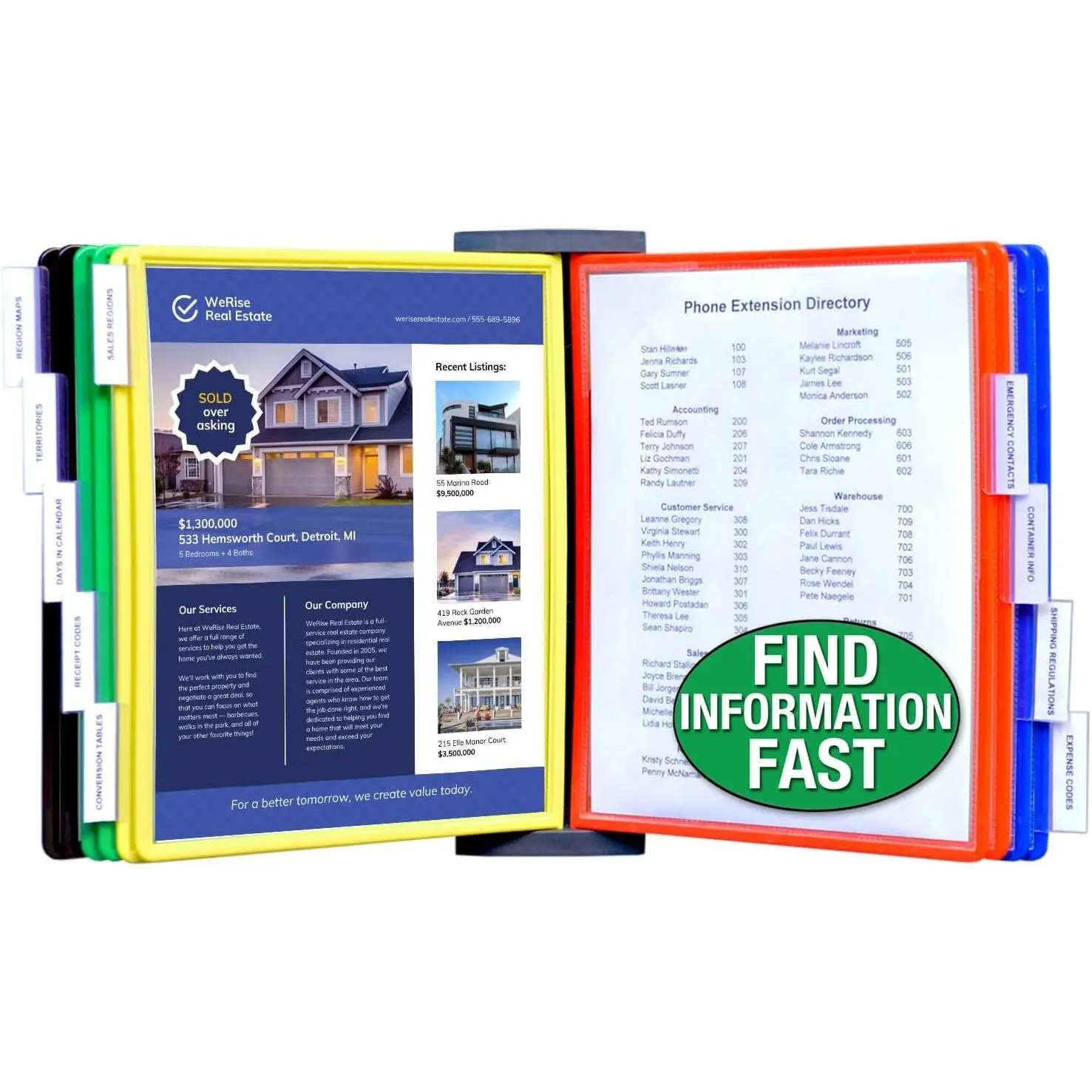 AdjustaView FastFind 10-Pocket Wall Mounted Reference Display Organizer with  Colored EZ Load Pockets to Display 20 Sheets of Your  Important Letter Sized Documents