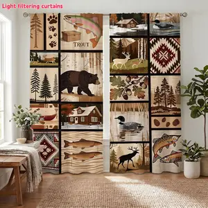 2Pcs Forest Animal Bear Deer Trout Duck Cabin Scenic Print Curtains, Digital Printing, Light Filtering for Living Room Bedroom Home Decor