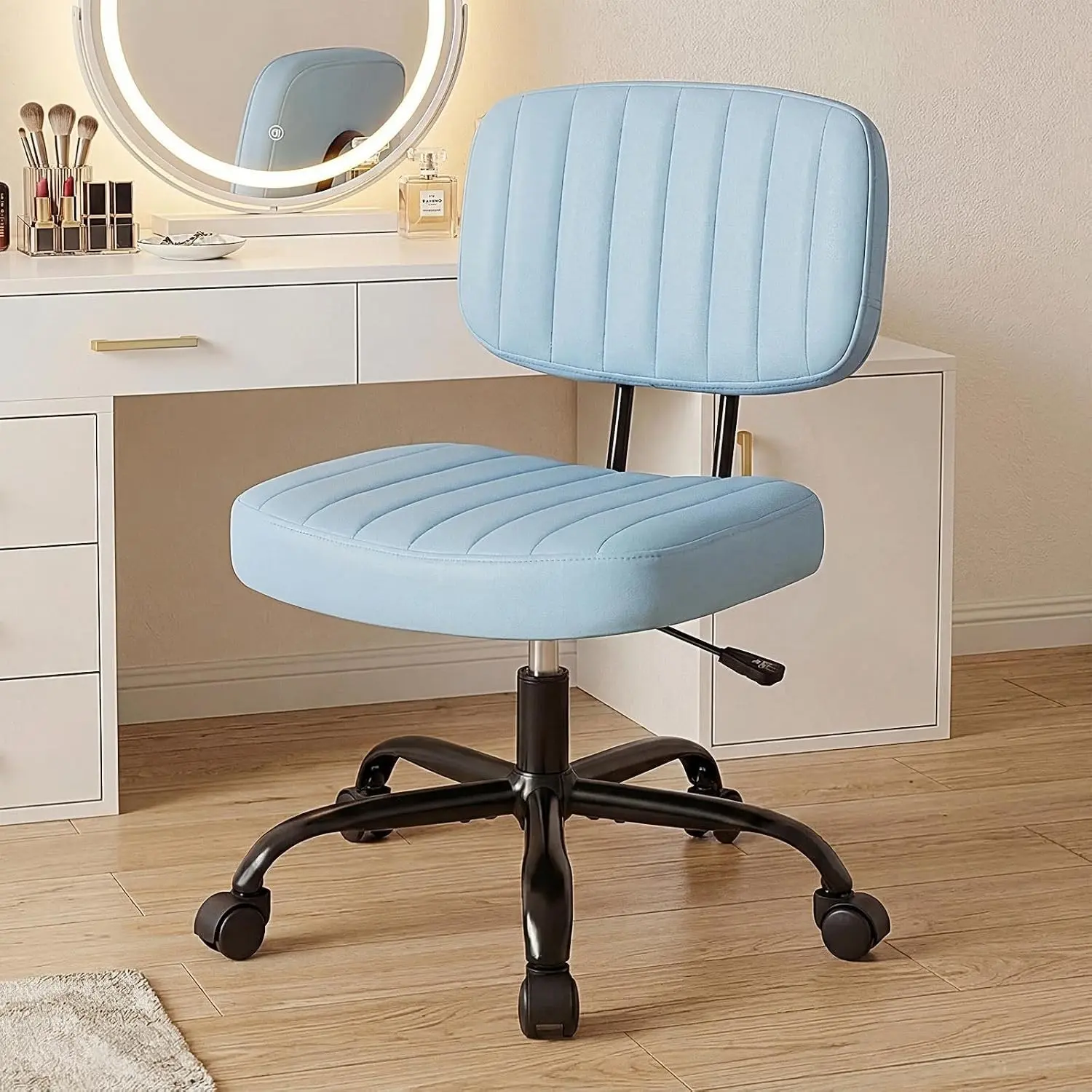 Armless Home Office Executive Chair: Small Desk Chair with Low Back Lumbar Support, Height Adjustable PU Leather Computer Task with 360° Swivel Wheels, for Adults, Blue