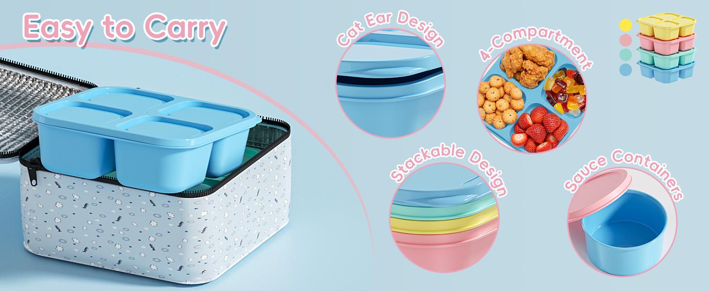 4 Pcs Snack Box Containers Set, Reusable 4 Compartment Lunchable Container with 2Pcs Sauce Containers, Stackable BPA-Free Bento Box for School, Work, Travel (4 Color)