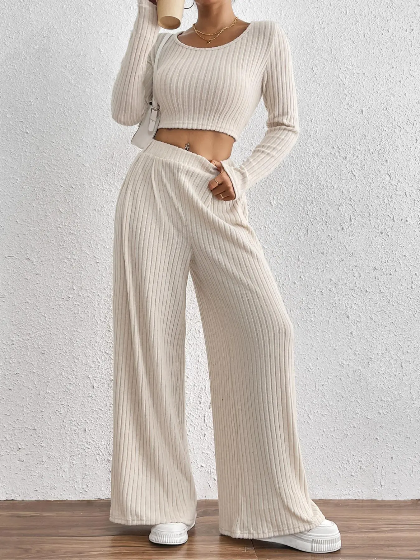 Women's Solid Ribbed Top & Wide Leg Pants Two-Piece Set, Basic Casual Long Sleeve Top & Trousers for Fall & Winter, Women's Clothes for Daily Wear Fit
