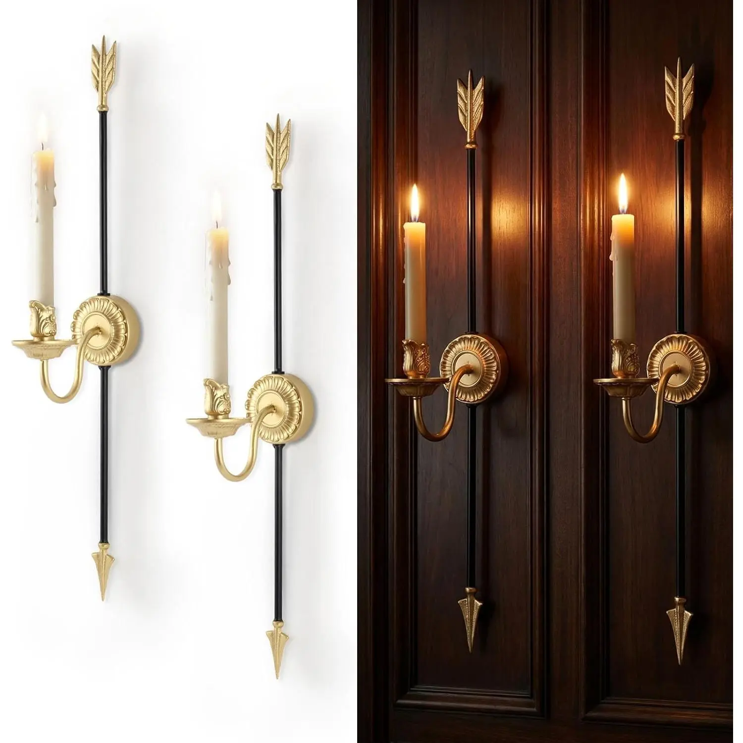 Wall Sconce Candlestick Holder Set of 2, Large Black and Gold Arrow Vintage Gothic Medieval Design Metal Wall Candle Holder, Home Wall Decoration for Living Room, Bathroom, Dining Room