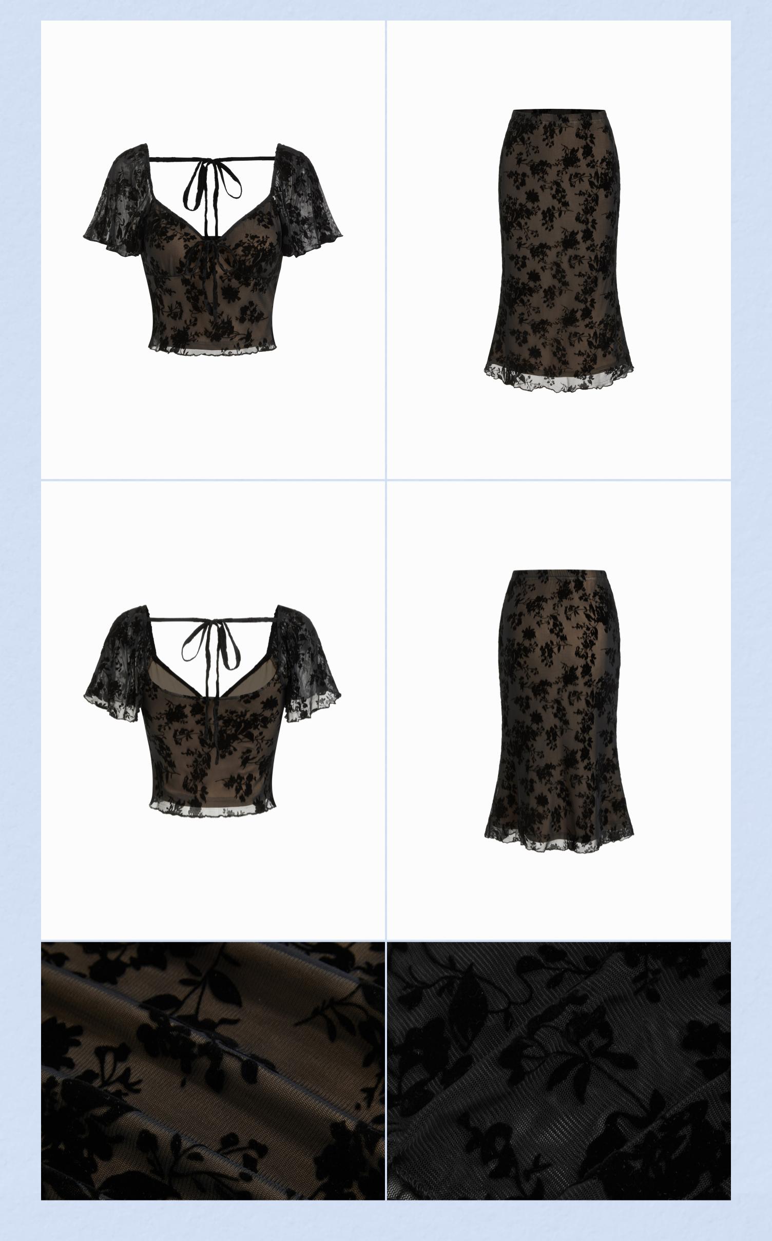 Cider Mesh Sweetheart Floral Lace Ruffled Top & Lettuce Trim Mermaid Maxi Skirt Set SpringStatements