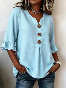 Women's Summer V-Neck Five-Finger Ruffle Sleeve Button Top T-Shirt, Fashionable Ladies' Clothing, Comfortable and Stylish Design