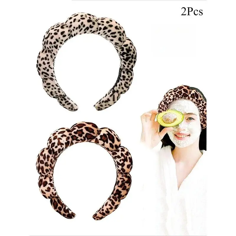 Girls' 2Pcs Cute Vintage Leopard Graphic Headbands, Thick Sponge Fleece Fabric, Fluffy Segmented Bubble Cloud Shape, Elastic No-Slip Grip Sports Headbands For Spa & Bath Routine