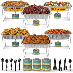 Disposable Chafing Dish Buffet Set 6 Pack Half Size (Standard 10 3/8" x 12 3/4") Patented Foldable Wire Racks 4-Hour Fuel Cans Aluminum Food & Water Pans Serving Utensils Reusable or Disposable