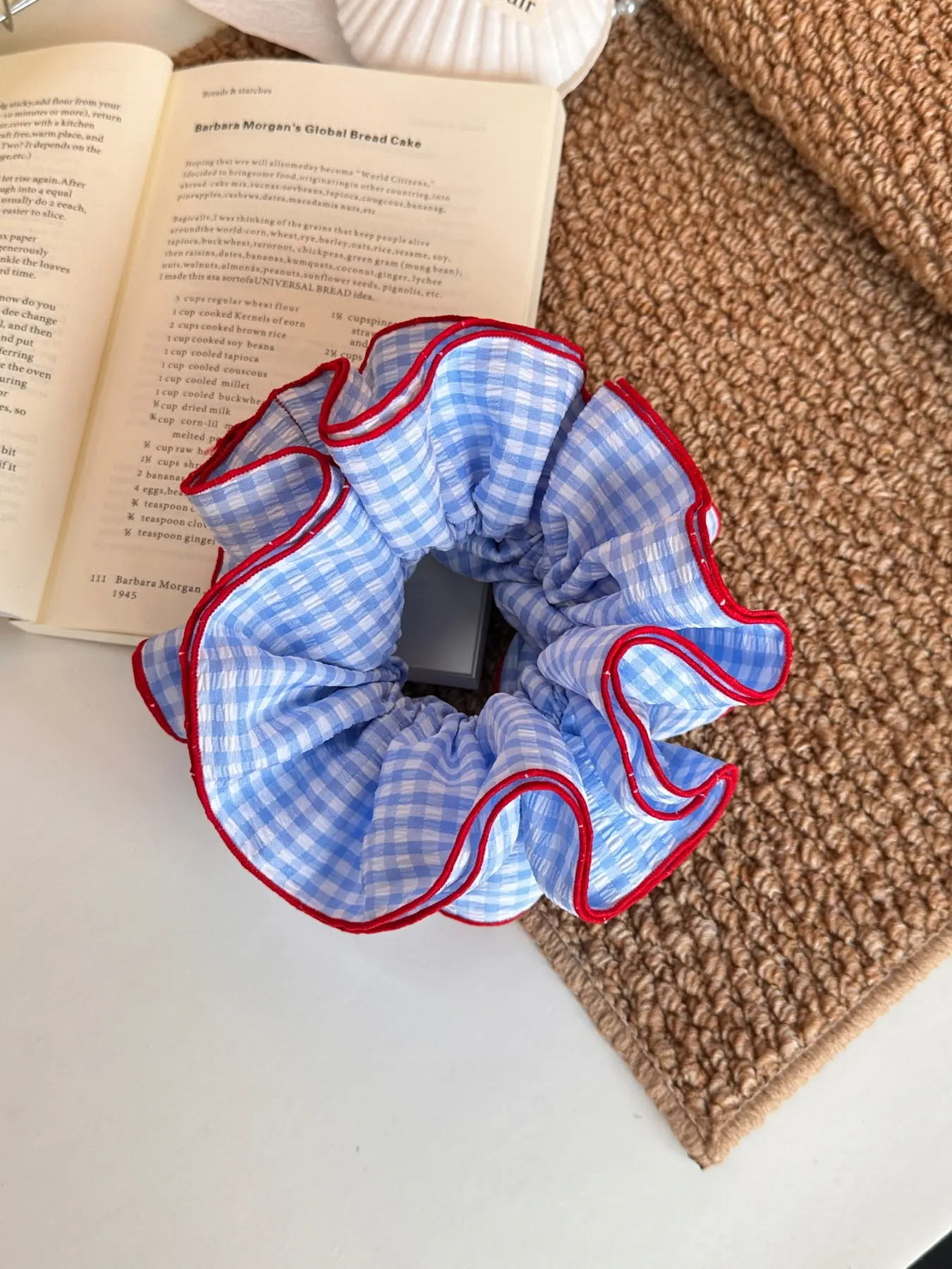 Korean Sweet Blue Plaid Bubble Scrunchie, Bun Hair Tie, Fresh Ponytail Elastic, Daily Versatile Hair Accessory