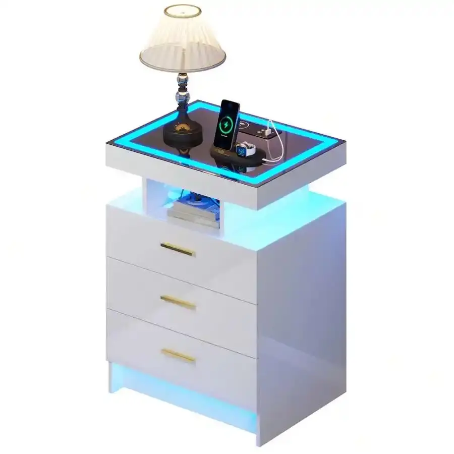 High Gloss 3-Drawer Nightstand with RGB Auto-Adjustable Brightness LED Lights, Wireless Charging Station, Inlay Marble, Mirrored Console & Mobile Standing Desk Wheels (Floating Bedside/Side Table for Indoor Use)