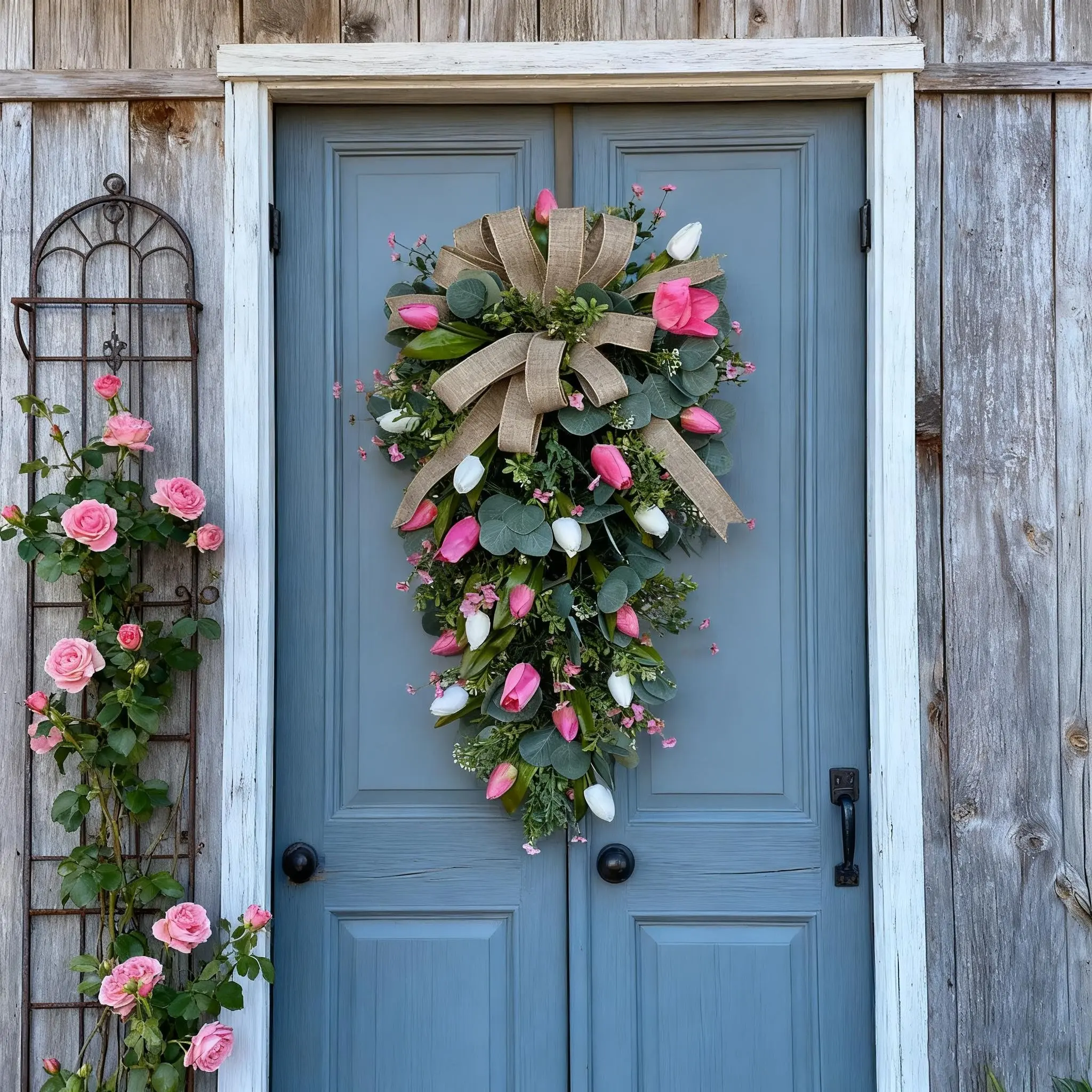 22-Inch Artificial Tulip Wreath, Spring Wreath, Floral Wreath for Valentine's Day, Easter, Mother's Day, Hang on Door, Porch, Fireplace, Garden Gate, Faux Flower Wreath