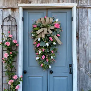 22-Inch Artificial Tulip Wreath, Spring Wreath for Valentine's Day, Easter, Mother's Day, Hang on Door, Porch, Fireplace, Garden Gate