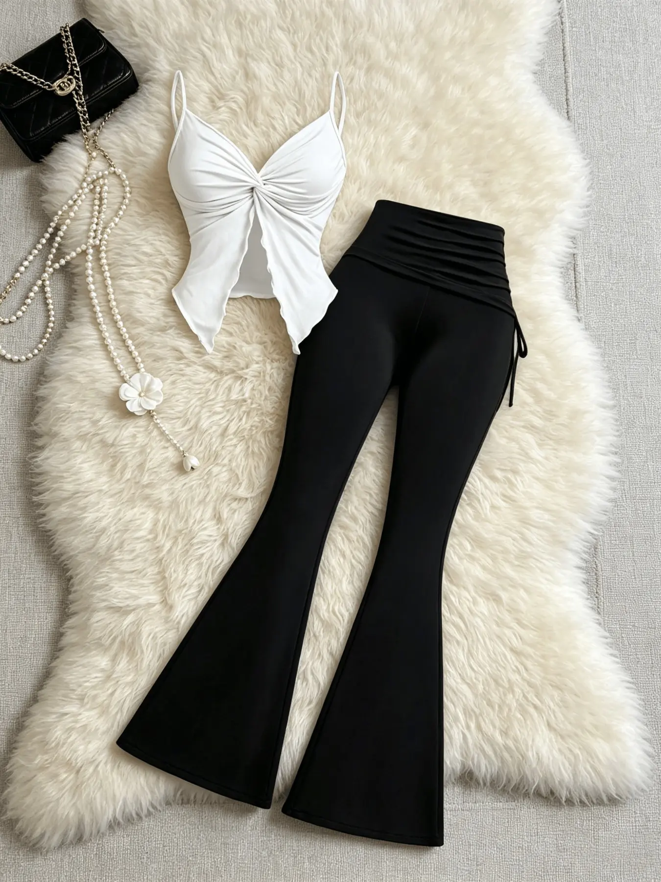 Sexy Knot Halter Top + Drawstring Bell Bottoms Set, Wave Edge Split Slim Fit, Two-Piece for Women, Casual, Trendy and Stylish Clothes