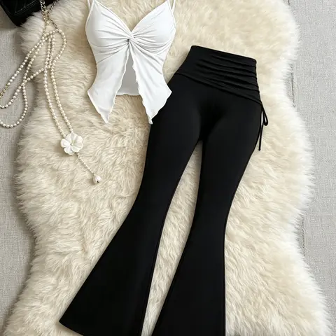Sexy Knot Halter Top + Adjustable Drawstring Bell Bottoms Set, Wave Edge Split Slim Fit, Two-Piece for Women, Trendy and Stylish