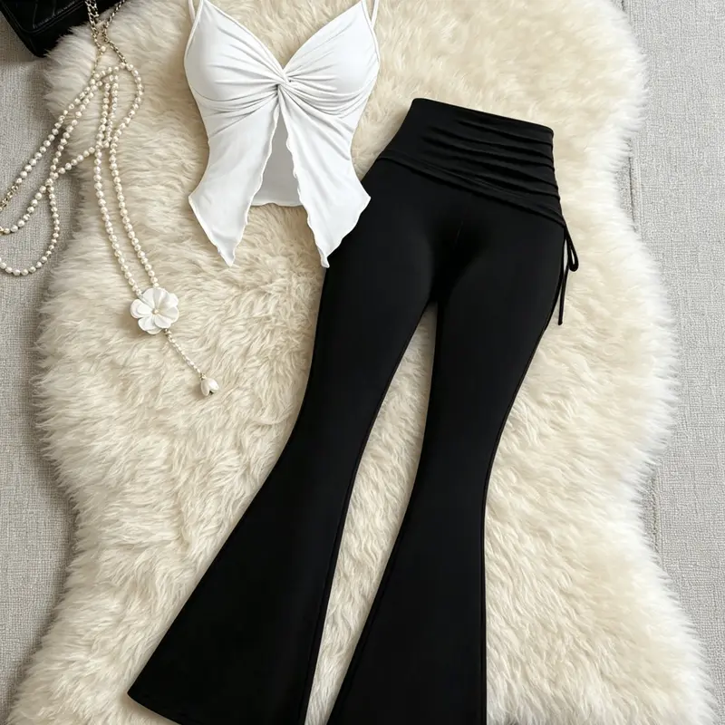 Sexy Knot Halter Top + Adjustable Drawstring Bell Bottoms Set, Wave Edge Split Slim Fit, Two-Piece for Women, Trendy and Stylish