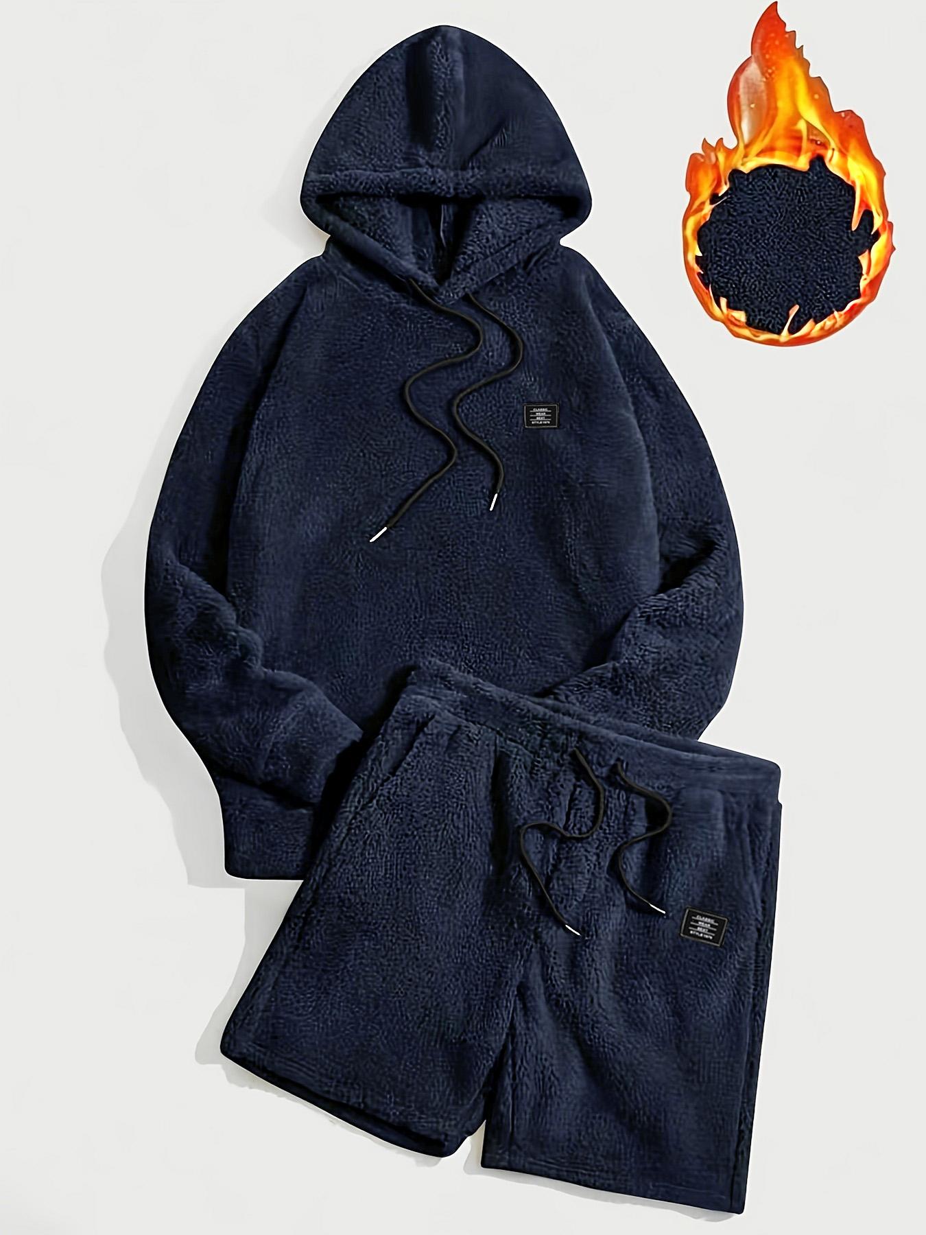 Men's Grey Drawstring Knit Hoodie & Pocket Shorts Plush Set, Regular Fit Casual Long Sleeve Hooded Sweatshirt & Shorts, Men's Fall & Winter Clothes