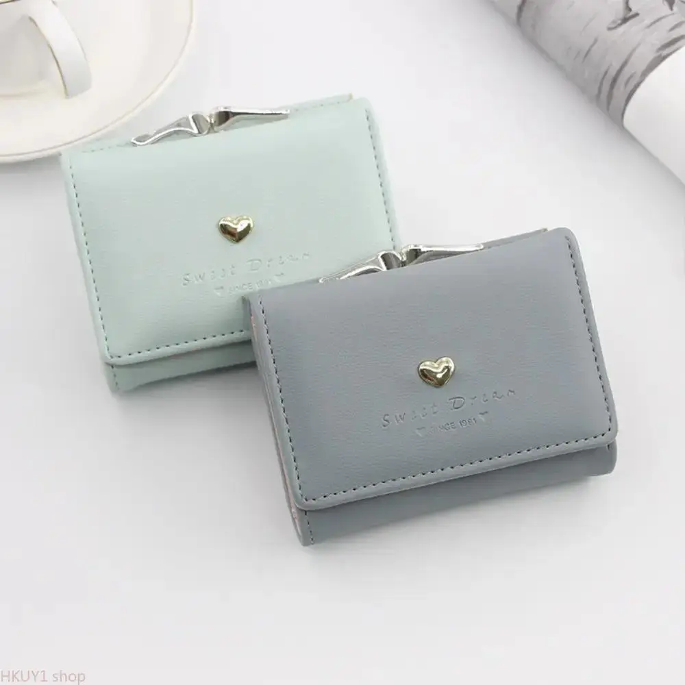 Metal Heart Accent PU Leather Trifold Short Wallet - Kiss-Lock Closure, Multi-Slot, ID & Coin Purse, Compact Clutch for Teen Girls Daily Use