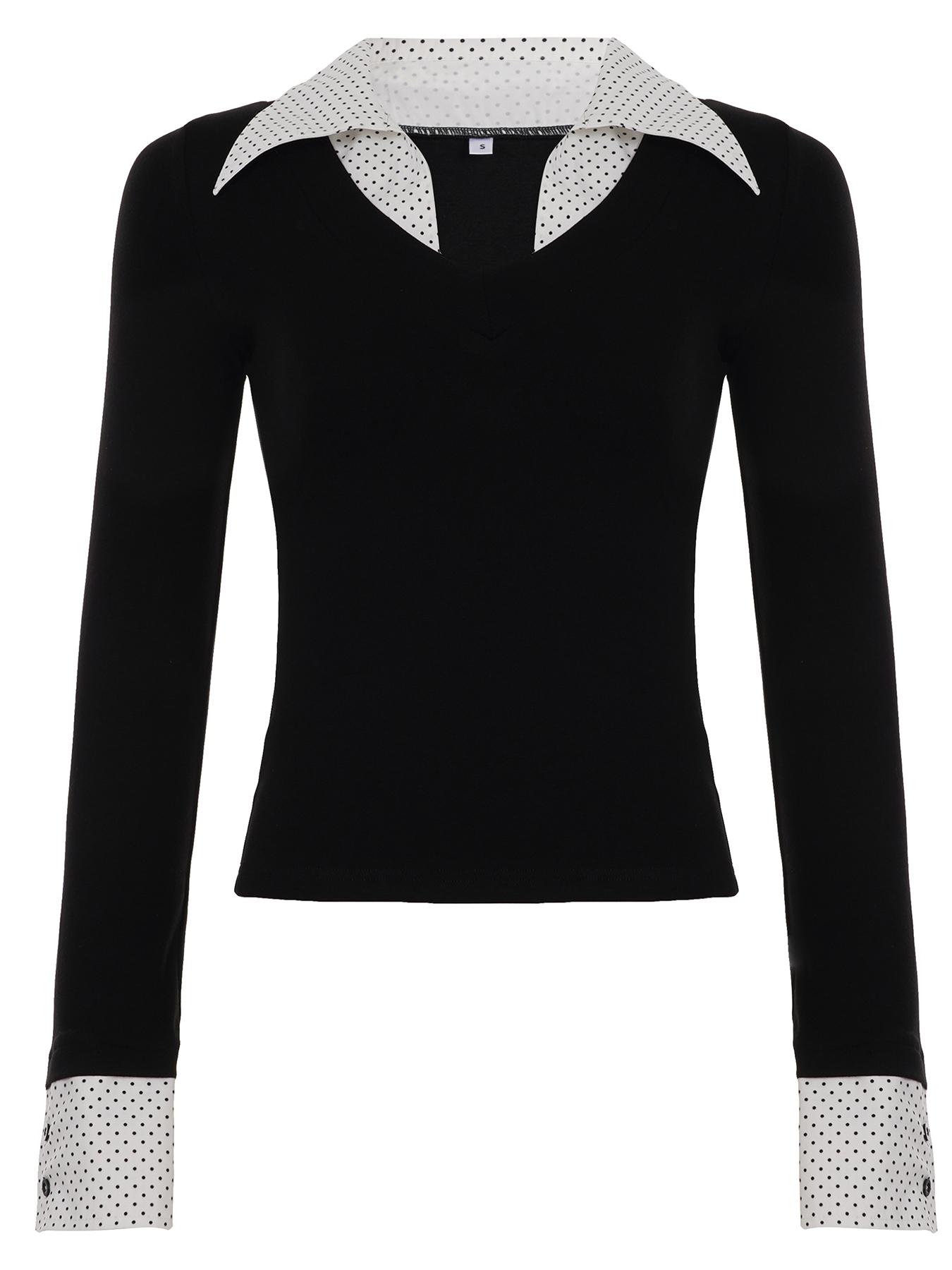 Women's Polka Dot Colorblock Slim-Fit Long Sleeve Top, Spring & Fall Casual Wear, Basic Commuter Style, Moderate Fabric Thickness