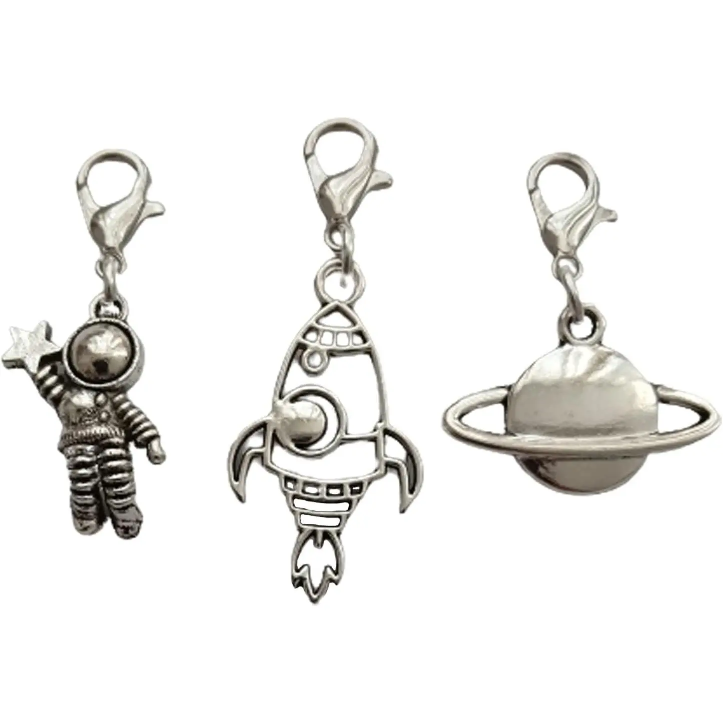 3 count   Astronaut Charms with Lobster Clasp for DIY Bracelet, Handbags,  Keyring, Rocket Clip  Charm