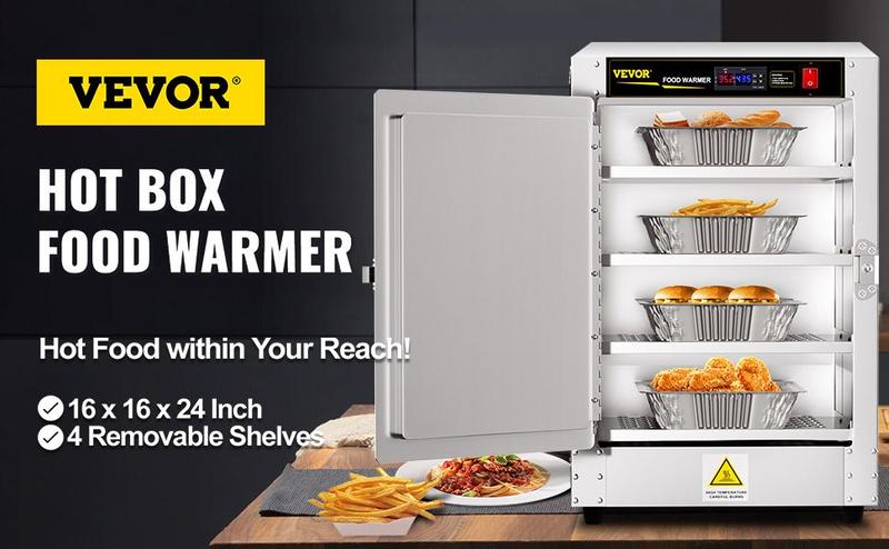 VEVOR Hot Box Food Warmer, 16"x16"x24" Concession Warmer with Water Tray, Four Disposable Catering Pans, Countertop Pizza, Patty, Pastry, Empanada, Concession Hot Food Hold Tested to UL Standards