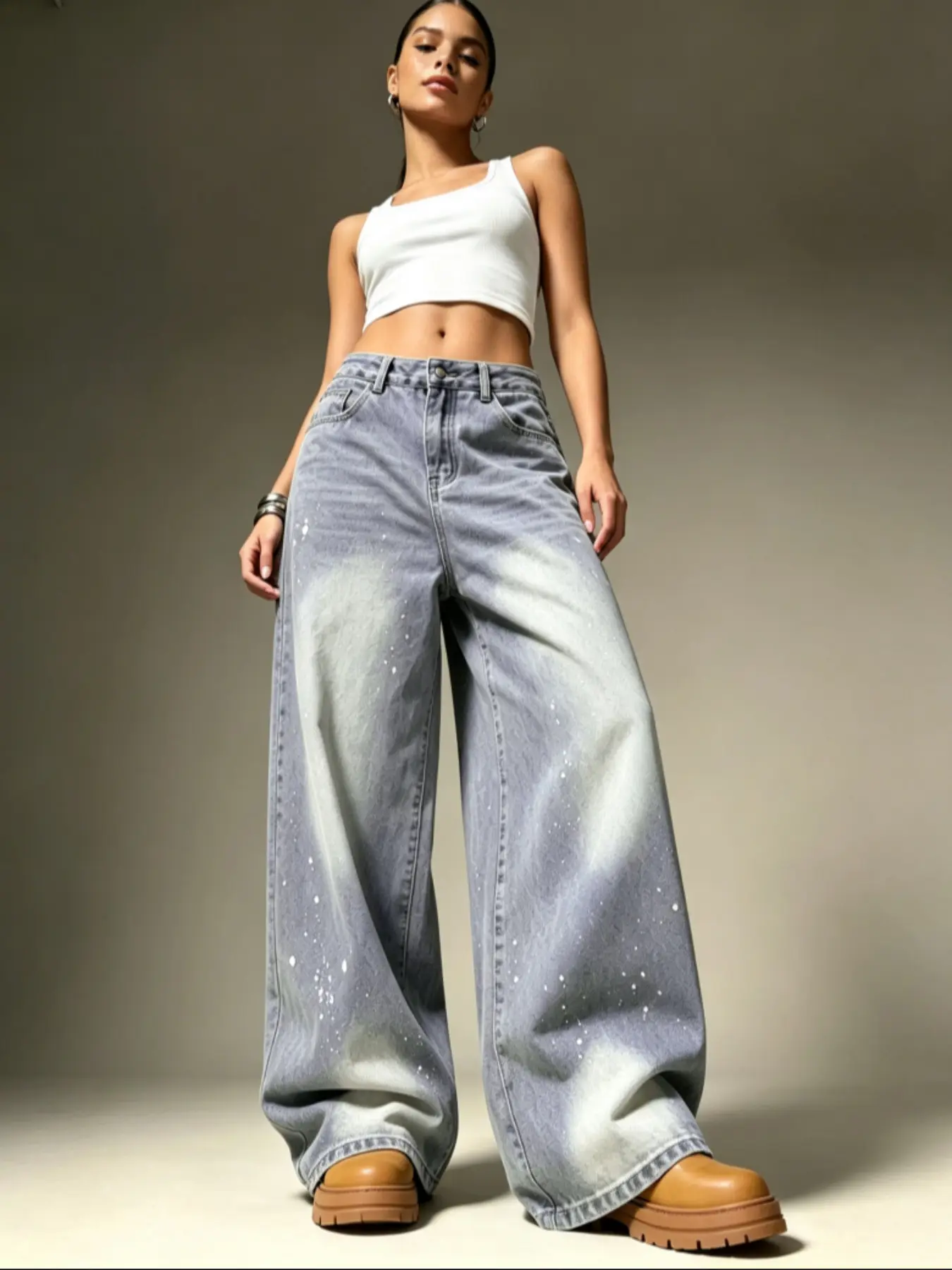 Women's Bleached Gradient Ink Splatter Wide Leg Jeans, High Waist Loose Fit, Vintage Washed Denim Long Pants, Y2K Casual Style