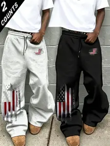 2-Pack Men's Wide Leg Drawstring Sweatpants, Distressed Flag Dual-Position Print Patriotic Casual Long Pants