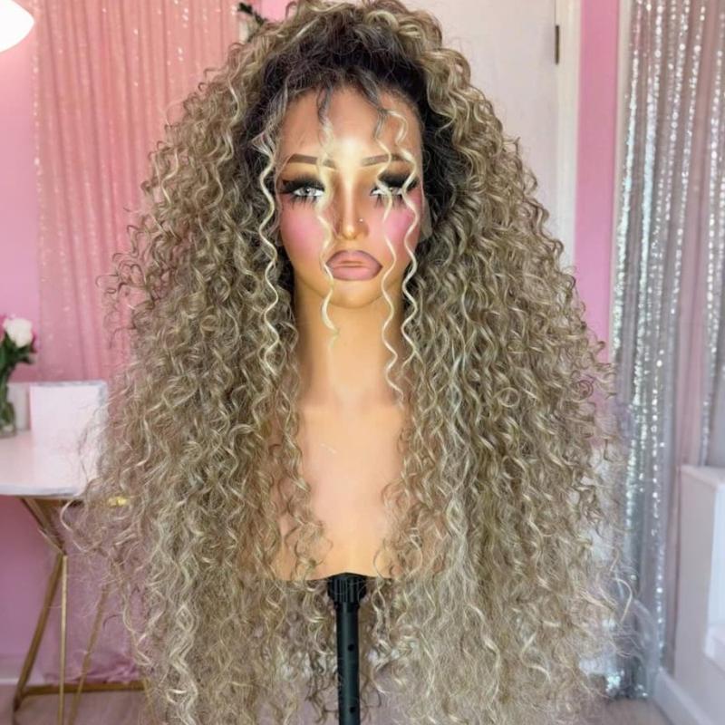 Kinky Curly Lace Front Wig Ombre Brown Roots Ash Blonde Synthetic Wig 13x4 Hd Lace Front Wigs Blonde Deep Wave Synthetic Lace Front Wigs for Women for Daily Party Cosplay Use Suitable for Daily Wear and Professional Performances Alike