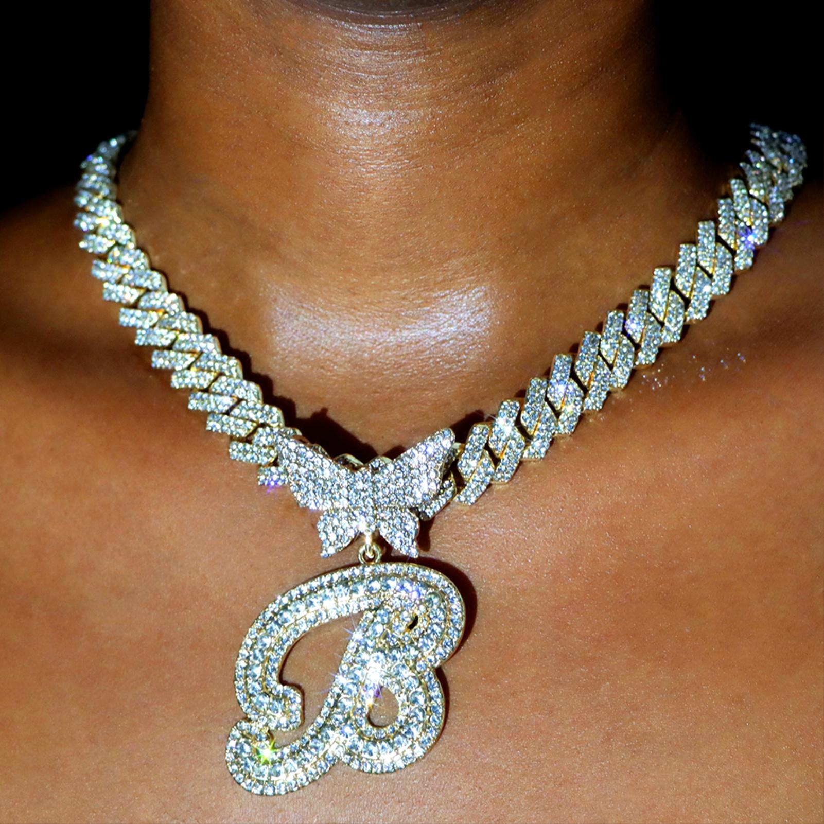 Iced Out Bling Butterfly Letter Pendant Necklace For Women AAA Rhinestone Paved Prong Cuban Chain Initial Necklaces Punk Jewelry