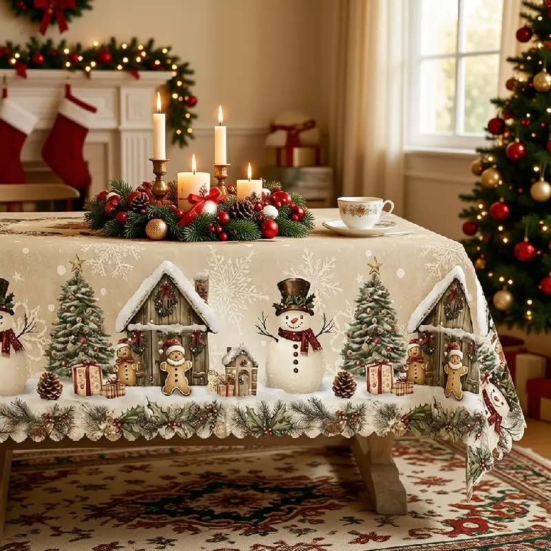 Christmas Snowman Gingerbread House and Pine Tree Printed Tablecloth for Winter Dining Decor polyester, washable, clearance sale