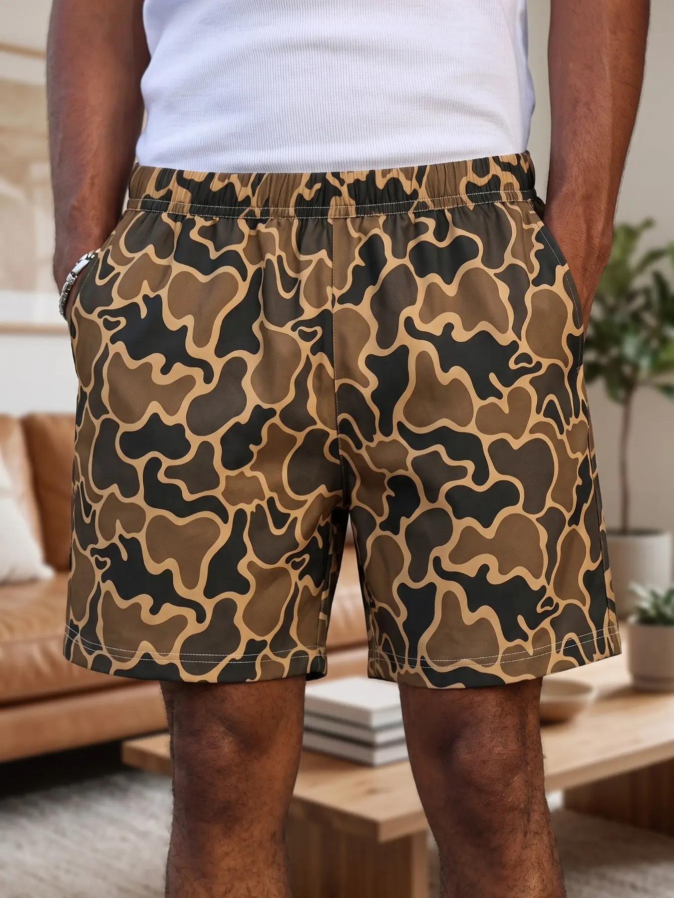 Polyester Men Elastic Drawstring Camouflage Print Casual Shorts, Lightweight Loose Fit Pockets Swim Trunks, Breathable Street Loungewear Bottoms For Beach Home Workout Outdoor Summer Daily Hip Hop Outfits