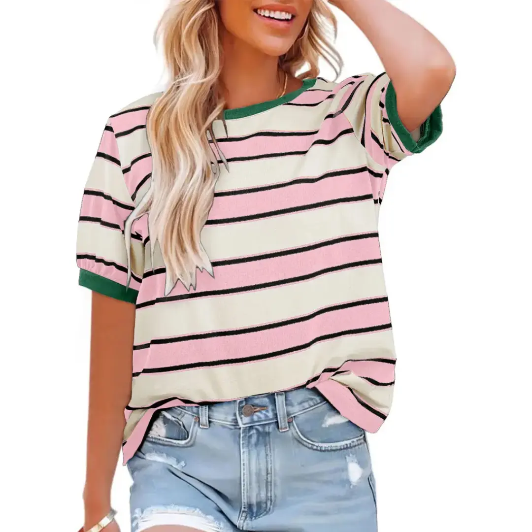 Dokotoo Women's 2026 Summer Short-Sleeve Crew Neck Casual Cute Soft Cotton T-Shirt - Color Block, Loose Basic Blouse, 95% Cotton 5% Elastane, Breathable, Lightweight, Durable