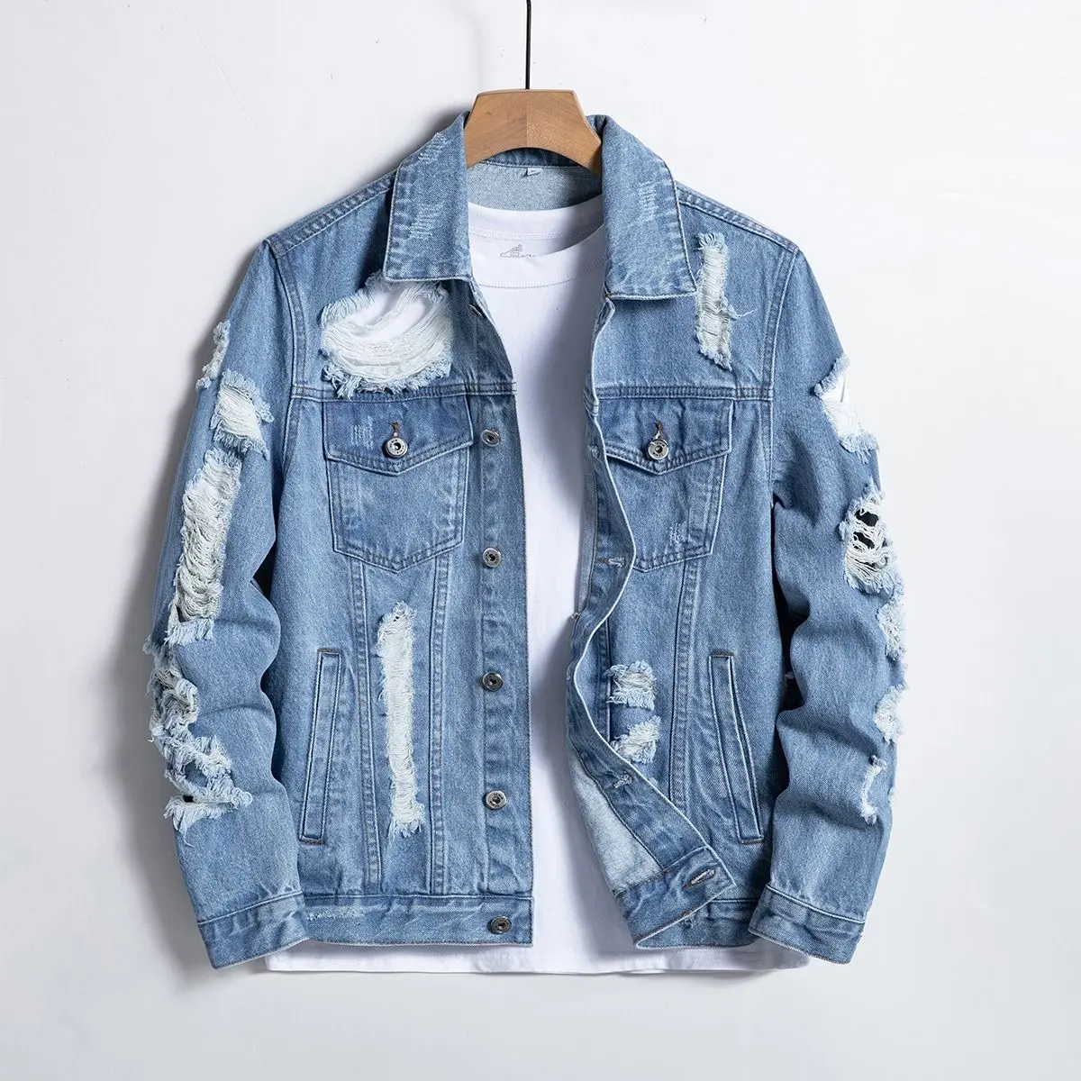 Men's Light Blue Distressed Ripped Denim Trucker Coat - Classic, Edgy 90s Y2K Light Colored Lightweight Jacket with Sleeves, Metallic Utility Buttons, Pockets, Fall Casual Menswear Vintage Sportswear Streetwear Outerwear