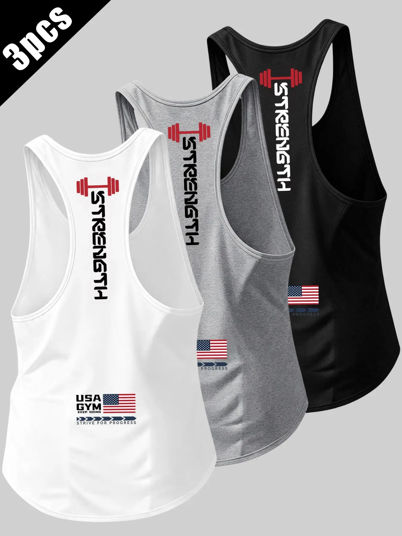 3-Pack Men's Summer Fitness Tank Tops, Barbell Pattern, Strength Training, Running, Casual Wear, Sporty Style, Fitted Design, Workout Tank