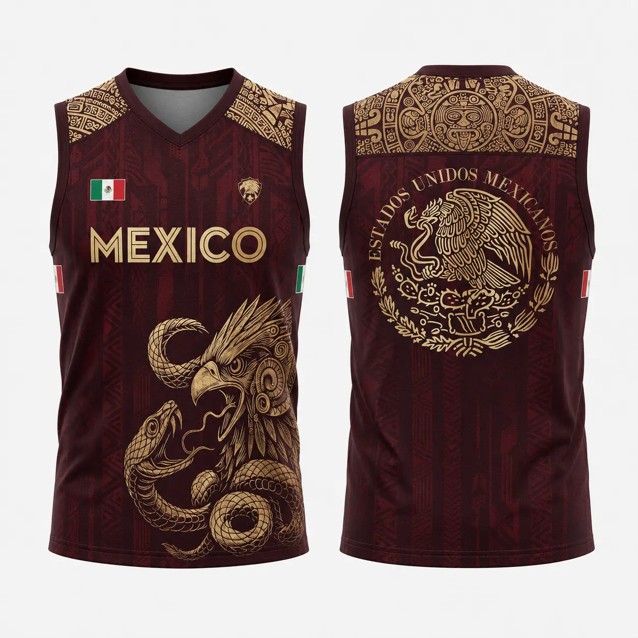 Mexico Tank Top for Women, V-Neck Jersey with Aztec Print & Eagle Graphic, Mexican Independence Day Pride Shirt for Fans, Tank Tops, Mexico Top For Women