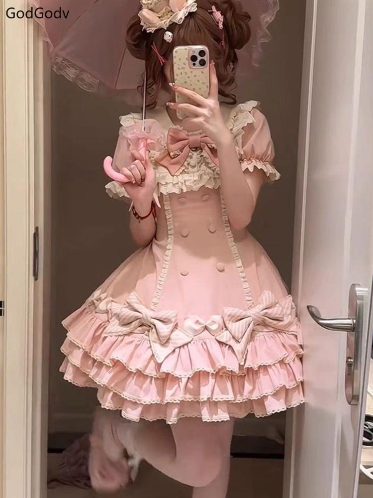 Japanese Sweet Lolita Kawaii Elegant Dress Women Princess  Bow Fake Two Piece Dresses Female Korea Style Design Chic Outfits