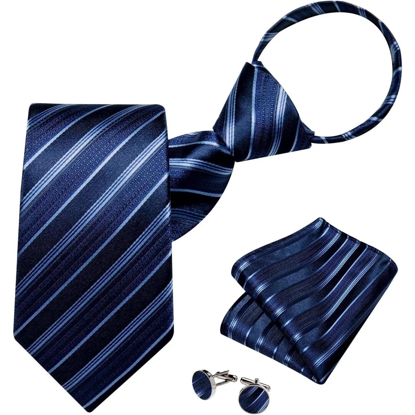 Men's Silk Zipper Tie Set - Pre-tied Paisley Solid Plaid Necktie with Pocket Square and Cufflinks, Formal Adjustable Length(Gift)