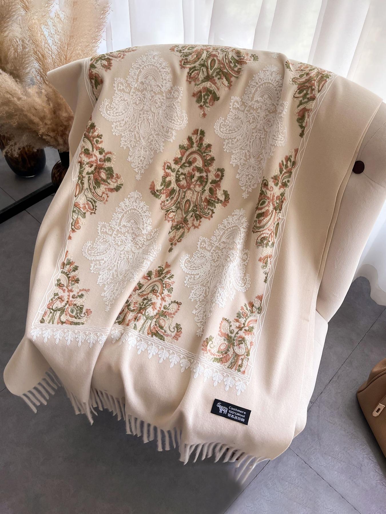 Boho Style Floral & Paisley Embroidery Tassel Decor Shawl, Trendy Casual Soft Warm Double Sided Scarf for Fall & Winter, Fashion Accessories for Women & Men