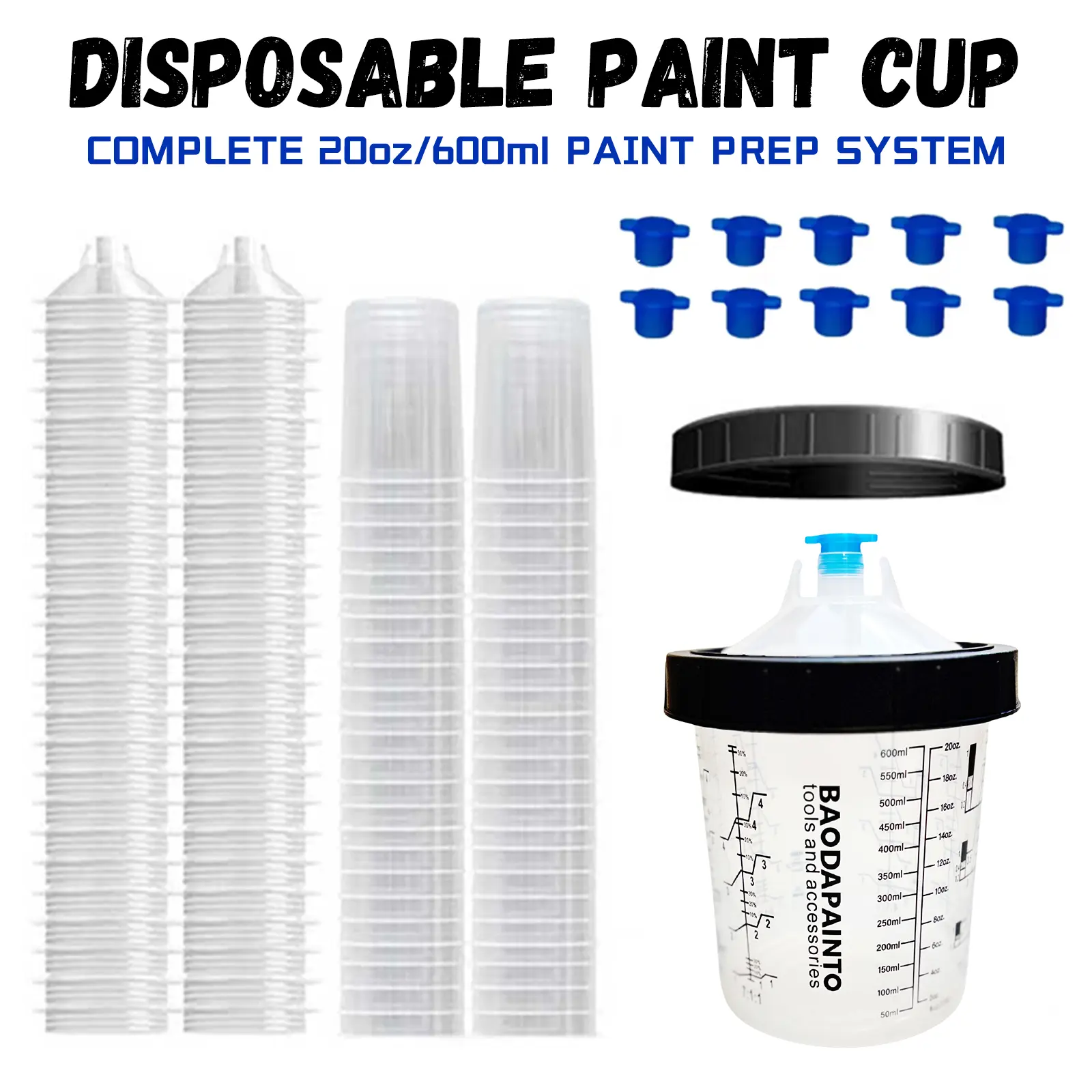 20oz (600ml) Disposable Spray Cup Kit for HVLP/LVLP Spray Guns, 25 Cups & Lids System, 1 Hard Cup with Retainer Ring, 10 Plugs, 3 Mixing Sticks, Auto Body & DIY Car Painters, Consistent Paint Flow, Automotive Industrial Coating Jobs, No Cleaning Needed