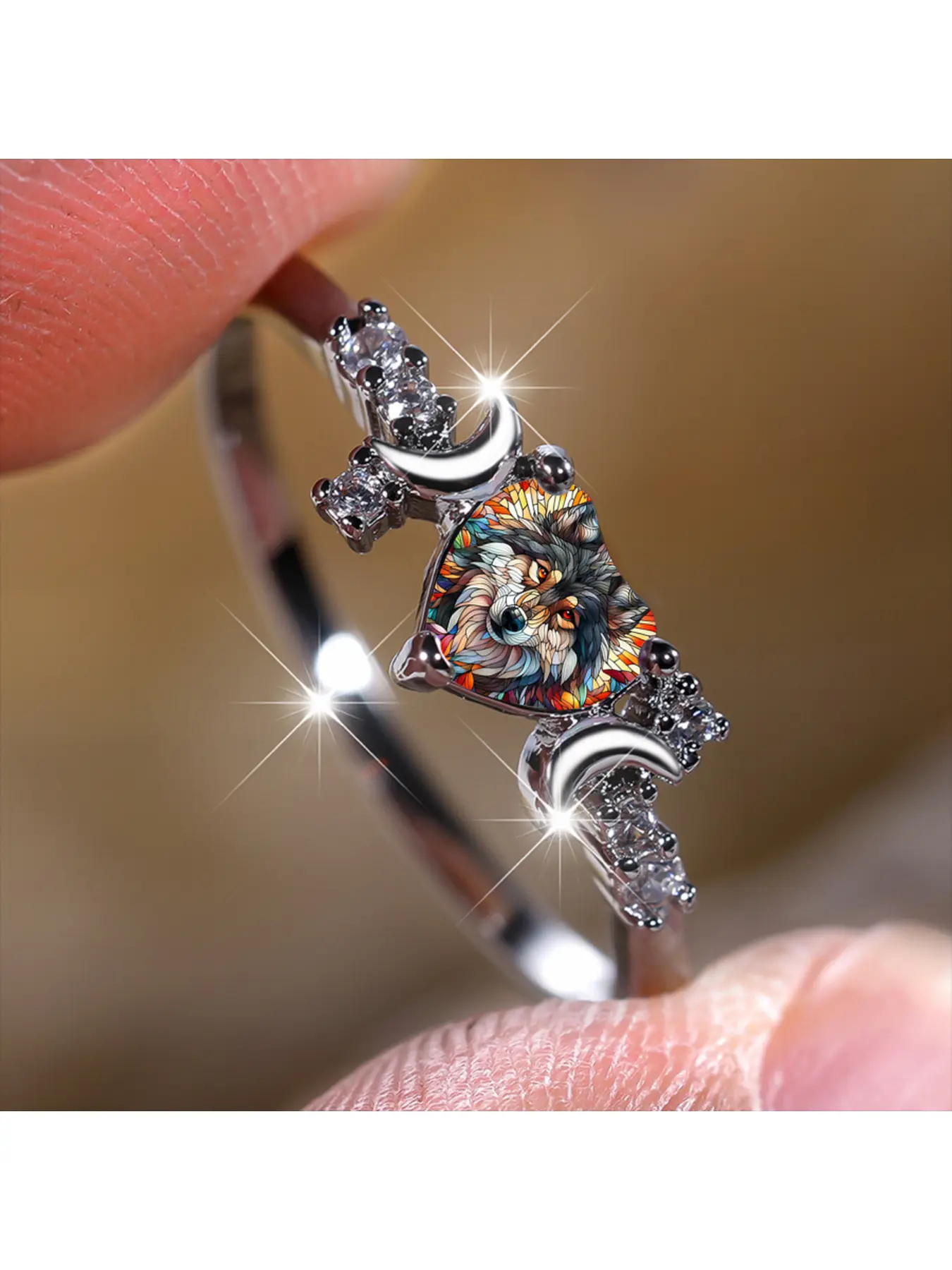 This Celtic stained-glass wolf ring features a colorful and multi-colored wolf head as the central design. The wolf symbolizes bravery and independence, while the Celtic knot represents a long-lasting bond. It is suitable for outdoor, streetwear, and musi