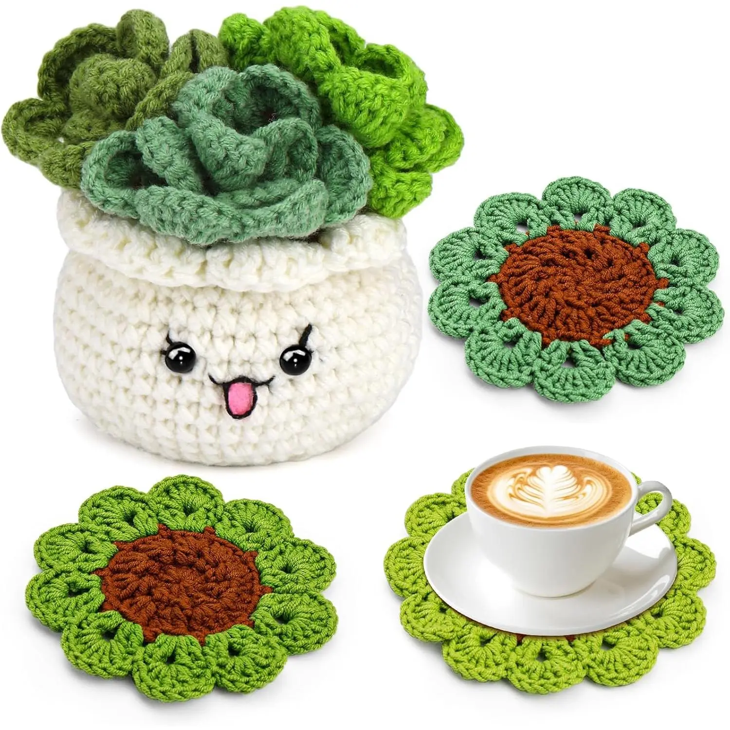 Crochet Kit for Beginners, 3 count Coasters Potted  Crochet Kit | Crochet Starter Kit for Beginners, Knitting Kit with Step-by-Step Video Tutorials and Crochet Yarns for DIY Decoration