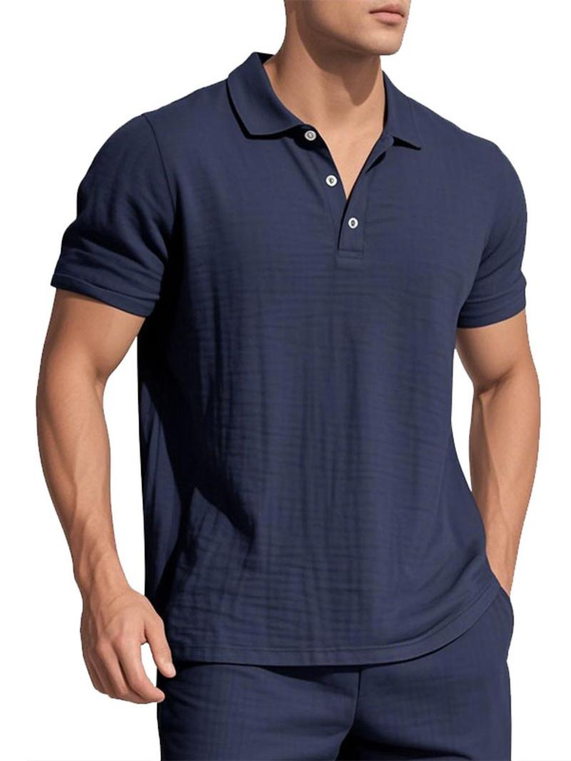 Men's Linen Polo Shirt, Casual Short Sleeve Collar Top for Summer, Fashion Men's Clothes for Daily Wear, Gamis
