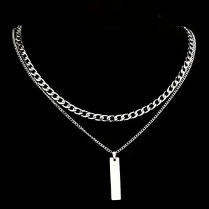 Men's 2-Piece Pendant Necklace Set, Minimalist Double Layer Chains with a Rectangular Bar, Casual Valentine's Day Jewelry, 19.68in & 23.62in